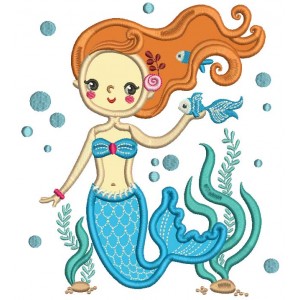 Pretty Mermaid Holding a Fish Applique Machine Embroidery Design Digitized Pattern